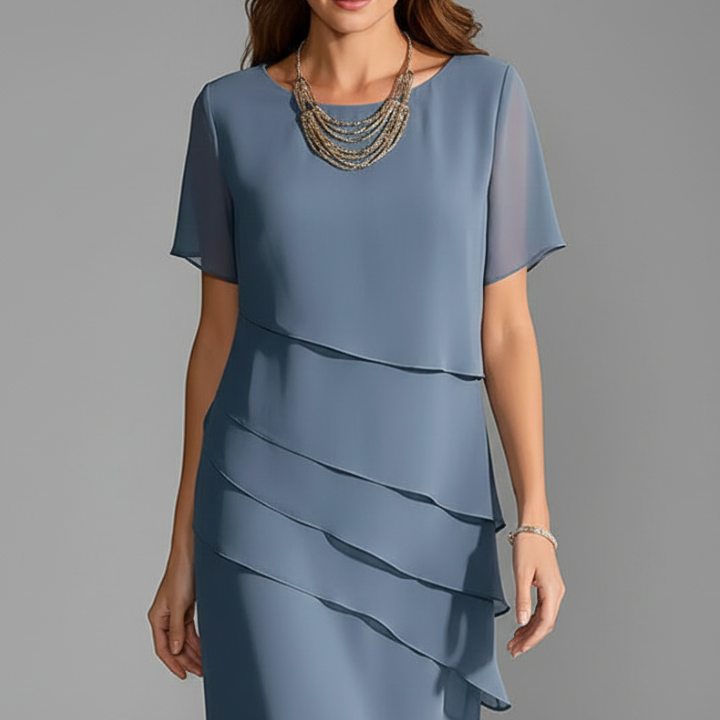 Women’s Short Sleeve Dress with Layered Front and Straight Hem