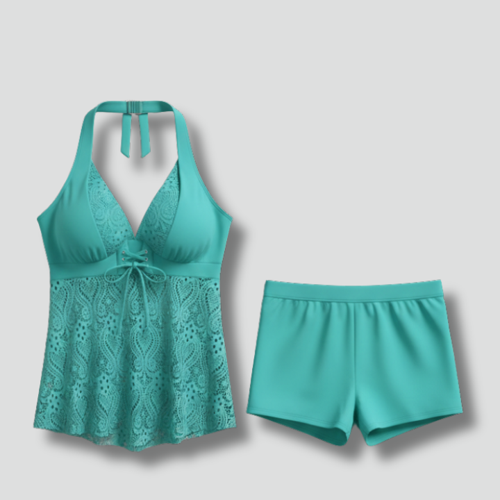 Women’s Tankini Set with V-Neck and Lace Overlay