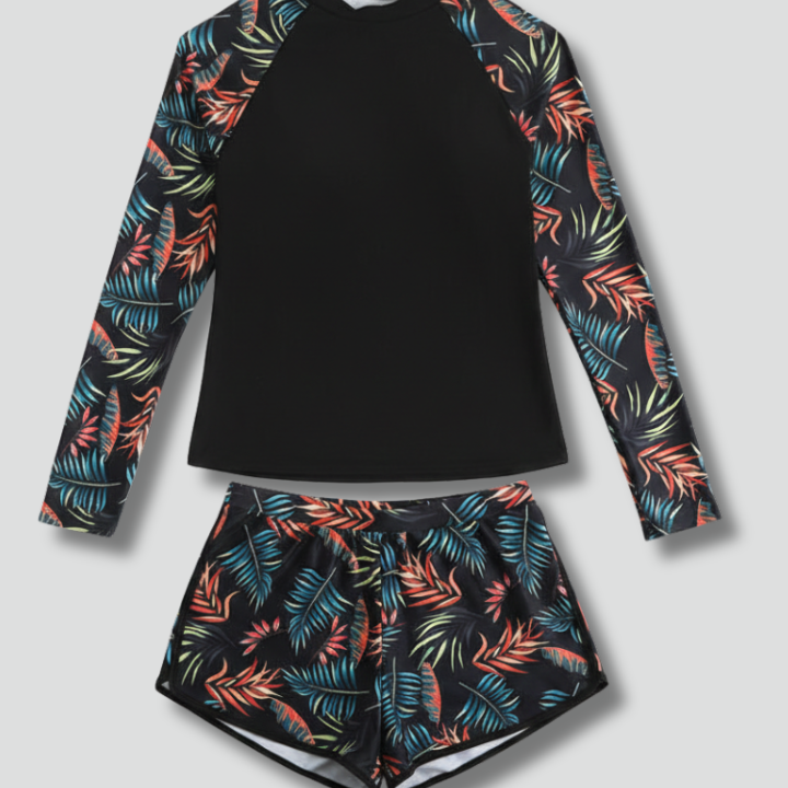 Women’s Tankini Swimsuit with Long Sleeves and Printed Shorts
