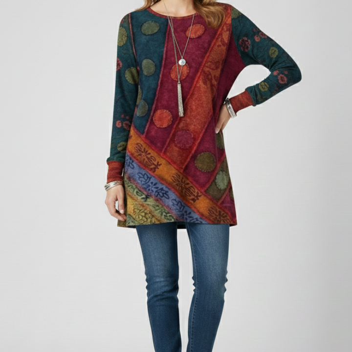 Women’s Tunic Top with Patchwork Pattern and Ribbed Cuffs