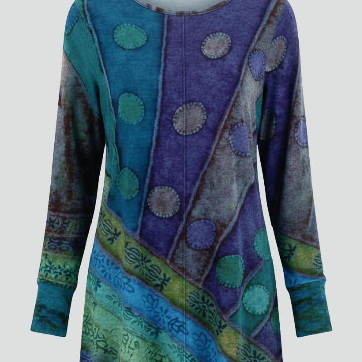 Women’s Tunic Top with Patchwork Pattern and Ribbed Cuffs