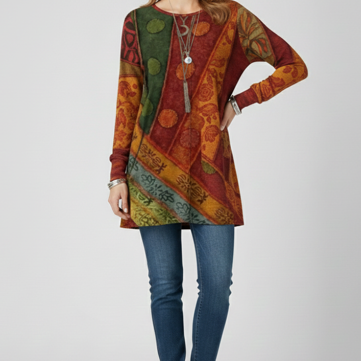 Women’s Tunic Top with Patchwork Pattern and Ribbed Cuffs