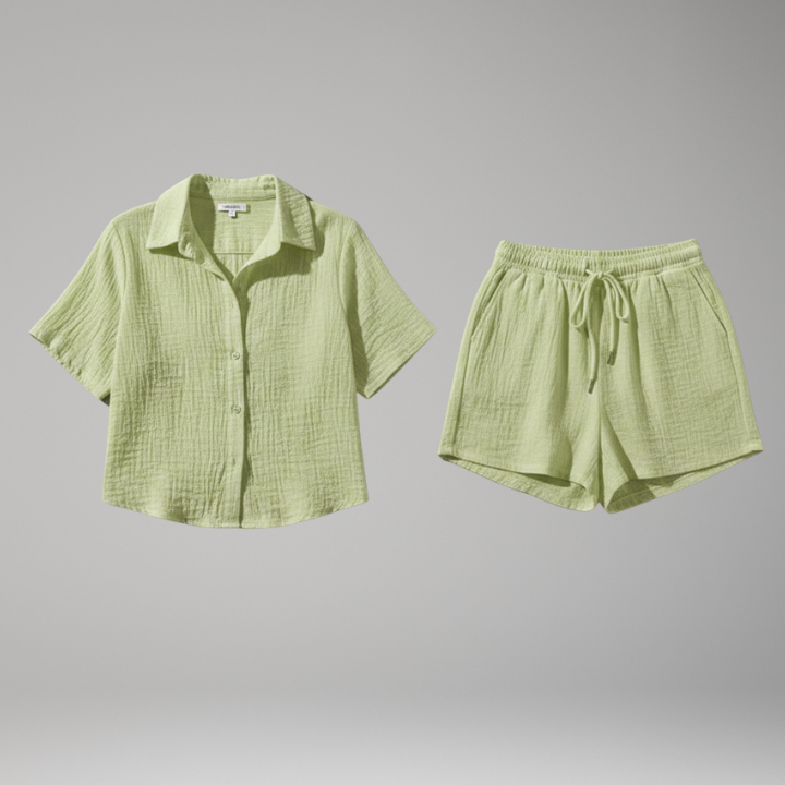 Women’s Two-Piece Set with Button Shirt and Drawstring Shorts