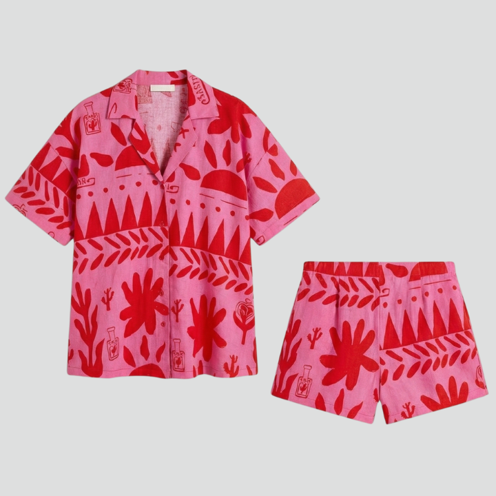 Women’s Two-Piece Set with Printed Shirt and Matching Shorts