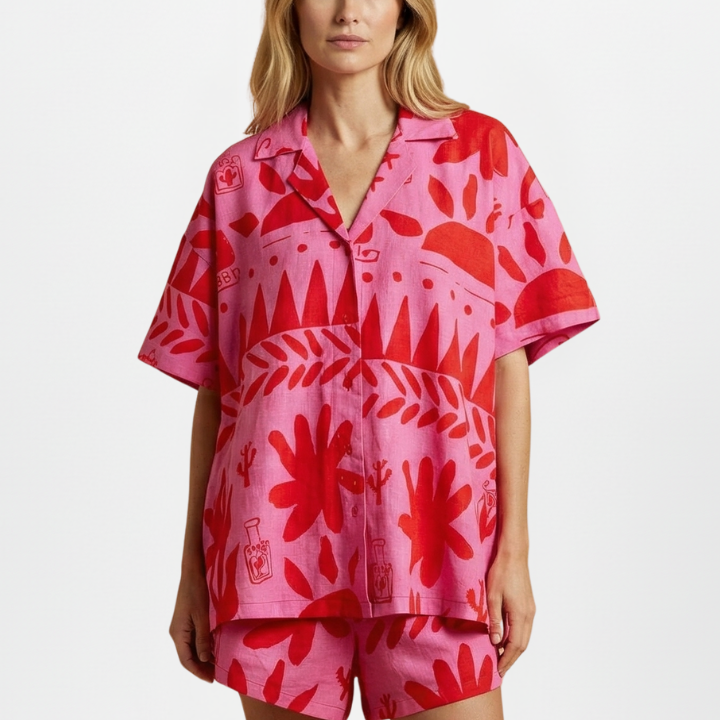 Women’s Two-Piece Set with Printed Shirt and Matching Shorts