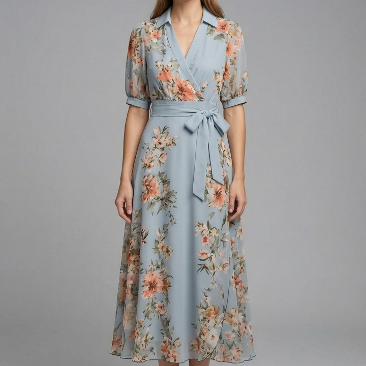 Women’s Wrap Dress with V-Neck and Waist Tie